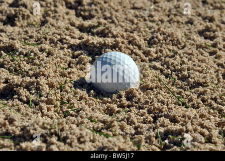 Balle de golf blanche dans un bunker Banque D'Images