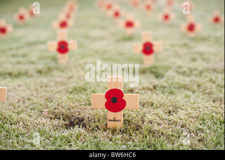 Gros plans de la croix de bois se souvenir du héros de la démocratie commémorant la fin de la Première Guerre mondiale, le Jour du Souvenir en Angleterre Banque D'Images