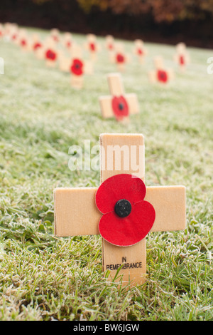 Gros plans de la croix de bois se souvenir du héros de la démocratie commémorant la fin de la Première Guerre mondiale, le Jour du Souvenir en Angleterre Banque D'Images