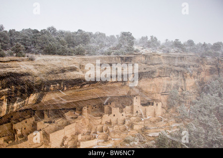 Avis de Cliff Palace Cliff dwellings dans une tempête de neige dans le Parc National de Mesa Verde, Colorado, USA. Banque D'Images