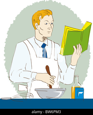 Illustration d'un homme et la cuisson en remuant tout en lisant un livre Vue de face sur fond blanc style rétro Banque D'Images