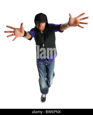 African American hip hop dancer performing isolé sur fond blanc Banque D'Images