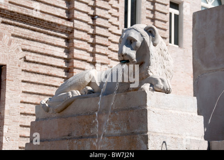 Lion en pierre fontaine dans la Piazza Federico II, Jesi, le Marches, Italie Banque D'Images