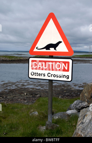 Hebridean Causway road sign warning les automobilistes à observer dehors pour les loutres 6491 SCO Banque D'Images