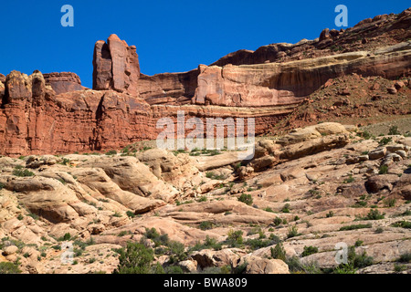 Des formations de roche de grès dans le Parc National des Arches près de Moab, Utah, USA. Banque D'Images