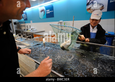 Tesco montre un vendeur de carpes à shopper à Qingdao, province de Shandong, Chine. 11-Nov-2010 Banque D'Images