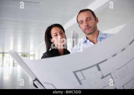 Architects looking at blue prints Banque D'Images