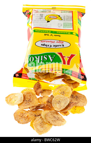 Paquet d'Asiko jaune légèrement salé chips Banane plantain bananes exotiques Banque D'Images