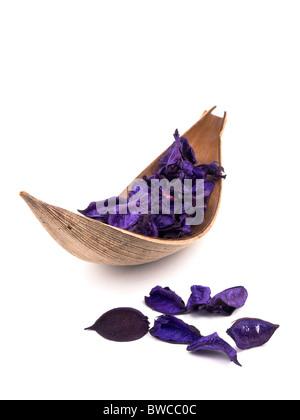 Violet aromatiques pot-pourri dans la décoration en bois sur fond blanc Banque D'Images