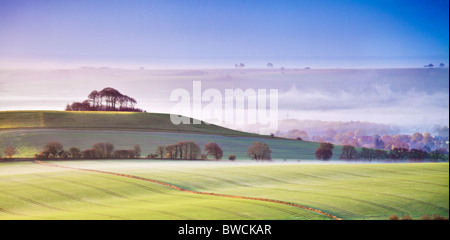 L'automne brumeux sunrise de Knapp Hill vers Woodborough Hill et la vallée de Pewsey dans le Wiltshire, England, UK Banque D'Images