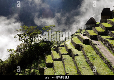 La brume et les nuages passant près de la terrasse de l'inca du Machu Picchu Tôt le matin. Banque D'Images