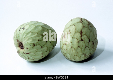 Annone (Annona cherimola), deux fruits mûrs, studio photo. Banque D'Images