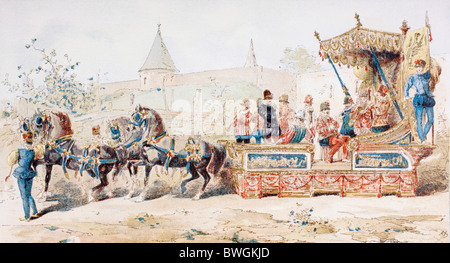 Cheval de chariot décoré transportant des musiciens professionnels. 16e siècle. Banque D'Images