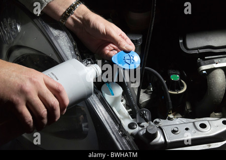 Le liquide de lave-glace antigel d'hiver étant ajouté à le réservoir du lave-glace en voiture, car de faibles températures risque de gel. Banque D'Images