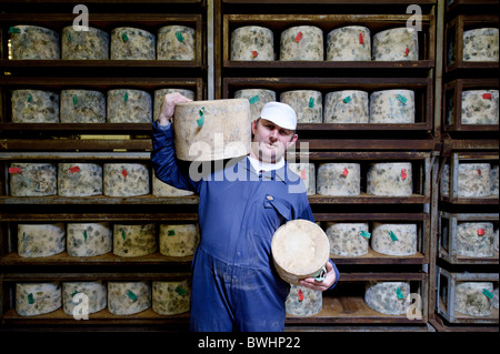 Un homme tenant les grandes tours de fromage d'affinage à la ferme de fromages traditionnels Quickes, Devon Banque D'Images