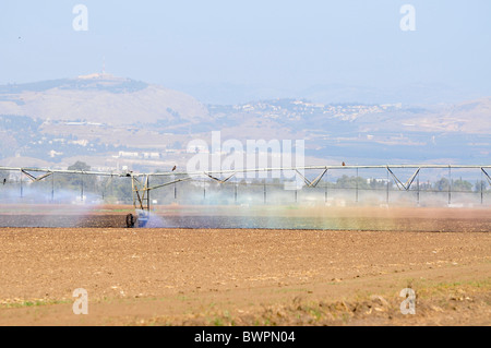 Israël, Vallée de Hula, robot d'irrigation d'un champ d'arrosage Banque D'Images