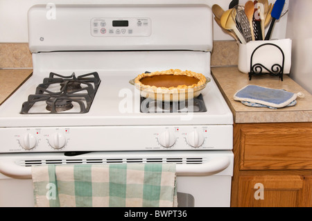 Une tarte à la citrouille faits maison fraîchement préparés cools sur le dessus de la cuisinière dans une cuisine domestique. Banque D'Images