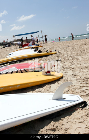 Israël, mer Méditerranée, planches alignées sur la plage Banque D'Images