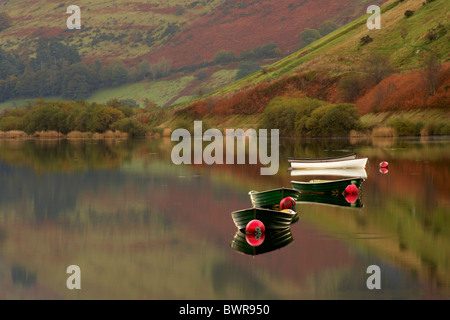 Les petits bateaux de pêche sur Tal y Llyn Lake dans la région de Snowdonia, Pays de Galles UK Banque D'Images