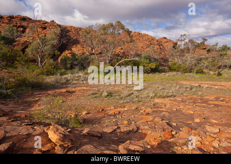 Rocky red hills et sable rouge en premier plan, Mutawintji National Park, New South Wales, Australie Banque D'Images