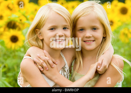 Portrait of cute twins enlacés sur fond de champ de tournesol Banque D'Images