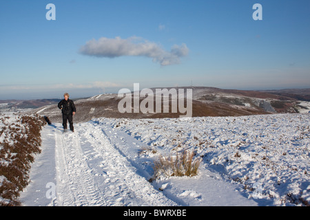 Une femme marche en hiver sur Moel y Gamelin au-dessus en Llangollen Clwyd, Nord du Pays de Galles Banque D'Images