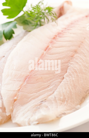 Filet de pangasius brutes de persil comme gros plan sur une plaque blanche Banque D'Images