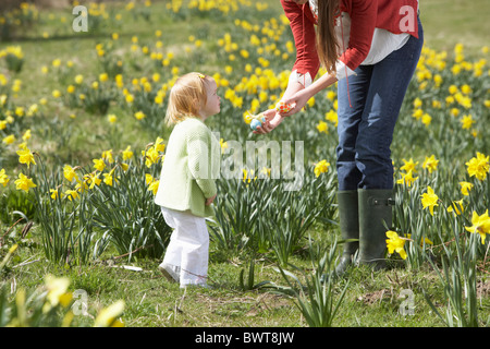 Mère et fille dans le champ de la Jonquille avec oeufs de Pâques décorés Banque D'Images