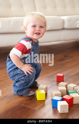 Jeune garçon jouant avec des blocs de couleur à la maison Banque D'Images