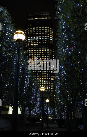 Canary Wharf building vue à travers les rangées d'arbres avec des décorations de Noël au Square Cabot Banque D'Images