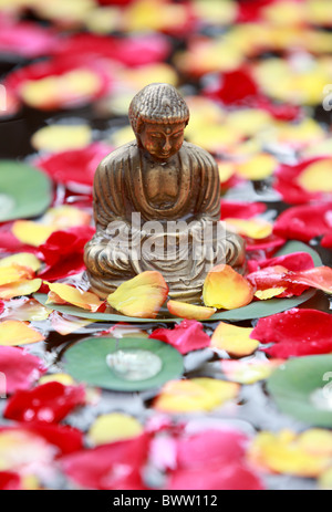 Bouddha en méditation dans un pool de roses Banque D'Images