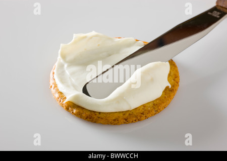 Propagation d'une spatule sur un fromage crémeux cracker sur un fond blanc. Banque D'Images