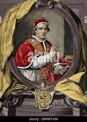 Clément XIV (1705-1774). Pape italien, né Giovanni Vincenzo Antonio Ganganelli. Élu en 1769. Gravure en couleur. Banque D'Images