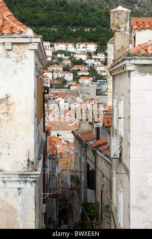 Vue verticale dans une rue étroite de la vieille ville de Dubrovnik, Croatie Banque D'Images