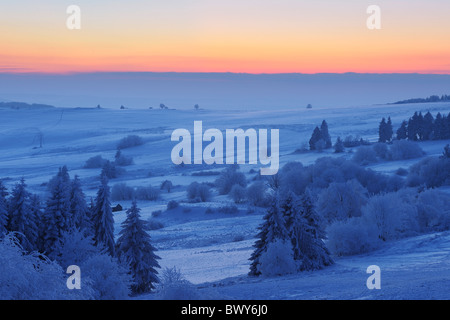 La neige a couvert au coucher du soleil, Wasserkuppe, Rhon Mountains, Hesse, Allemagne Banque D'Images