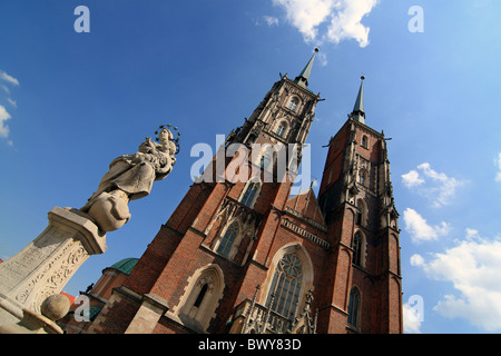 Cathédrale de St-Jean Baptiste et statue de Sainte Marie et Jésus enfant. Wroclaw, la Basse Silésie, Pologne. Banque D'Images