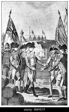 La reddition de Lord Cornwallis à Yorktown, Virginie, 19 octobre 1781 ; illustration en noir et blanc; Banque D'Images