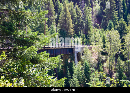 Les cyclistes rouler l'un des nombreux ponts sur chevalets (train) le long du sentier d'Hiawatha, New York, USA Banque D'Images