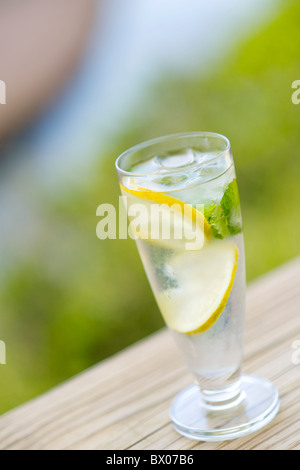Verre d'eau avec les tranches de citron comme servi à Emily Moon Lodge à Plettenberg Bay. Banque D'Images