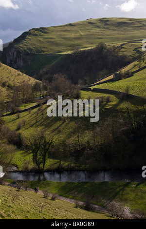 Dovedale près de Milldale, parc national de Peak District, Derbyshire, Staffordshire, Angleterre Banque D'Images