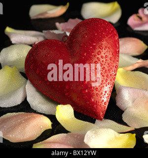 Coeur rouge avec des pétales de rose parsemés de gouttes sur fond noir Banque D'Images
