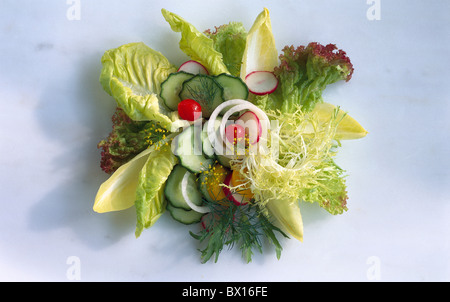 Un assortiment d'Endive Concombre Frais sain Ingrédient autoportant Lollo Laitue Radis Biologiques Matières Banque D'Images