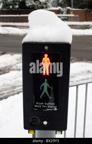 La circulation des piétons (Signal) avec de la neige. L'Angleterre. Signal à Red Banque D'Images