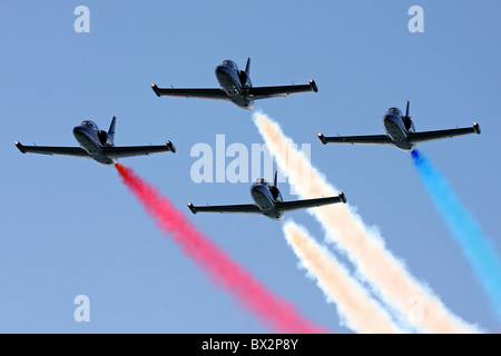 Quatre Albatros L-39 de l'équipe de démonstration de Jet Patriot en vol. Banque D'Images