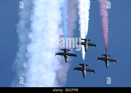 Quatre Albatros L-39' de l'équipe de démonstration de Jet Patriot en vol. Banque D'Images