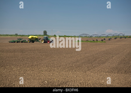 Pneumatique de l'ensemencement dans un champ labouré ; Alberta, Canada Banque D'Images