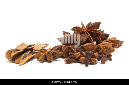 Les épices d'hiver de cannelle, girofle et Anis Étoile de perspective faible isolé sur blanc. Banque D'Images