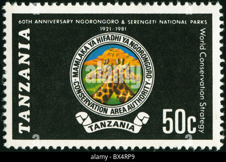 À partir de la Tanzanie pour timbres commémorant le 60e anniversaire de l'Ngorogogoro et les parcs nationaux de Serengeti Banque D'Images