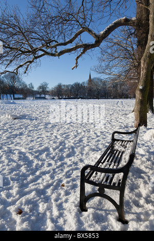 Banc vide au soleil du matin au parc des Meadows, Édimbourg, Écosse, Royaume-Uni Banque D'Images