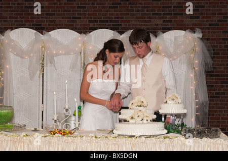 Une jeune mariée et ont toiletté couper leur gâteau de mariage. USA. Banque D'Images